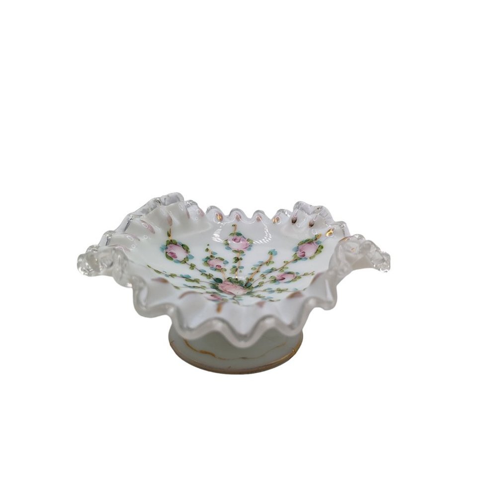 Fenton Silver Crest Charleton Rose Hand Painted Compote With Gold Trim